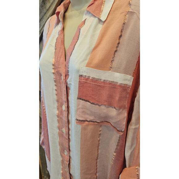 Club z collection pink metallic roll tab long sleeve lightweight button up 2X - Picture 4 of 8